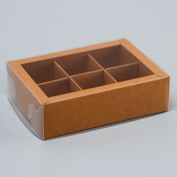 Коробка для конфет с прозр. крышкой 137х98,5х38,5мм на 6шт крафт  1/600 