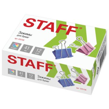 Зажимы д/бумаг STAFF Profit 12шт 41мм 200л, цветн