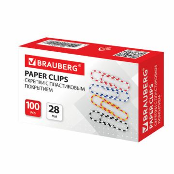 Скрепки BRAUBERG 28 мм с цветными полосками 100 шт  в карт. коробке 1/10