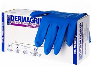Перчатки смотровые нест сверхпрочные латекс синие Dermagrip powder free ...