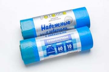 Мешок для мусора 60л рулон ПСД (59х69)-23 с завязками синие НАДЕЖНЫЕ 18,4г Ромашка (10шт) 1/24 Мешок для мусора 60л рулон ПСД (59х69)-23 с завязками синие НАДЕЖНЫЕ 18,4г Ромашка (10шт) 1/24