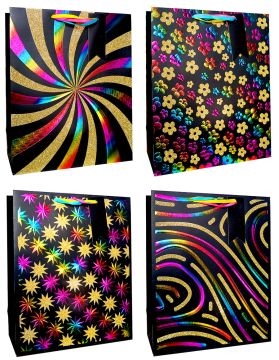 Пакет подарочный бумажный (26х32х12) тиснение и блестки Яркий калейдоскоп 1/12