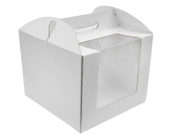 Коробка для торта с окном с ручками 300х300х250мм микрогофрокартон белая 25/25  