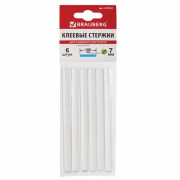 Клеевые стержни, диаметр 7 мм, длина 100 мм, прозрачные, комплект 6 шт., BRAUBERG 1/50/200