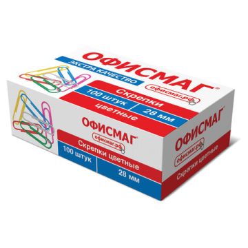 Скрепки 28мм 100шт цветные ОФИСМАГ 1/10/250