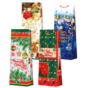 НГ Пакет подарочный бумажный под бутылку (12,3x36x7,8) Микс 1/360 