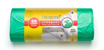 Мешок для мусора 60л рулон ПНД (60х80)-8 зеленый СТАНДАРТ 7,3г Ромашка (25шт) 1/25