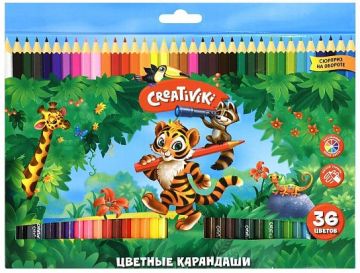 Карандаши цветные 36цв шестигранные с заточкой дерево Creativiki 1/4