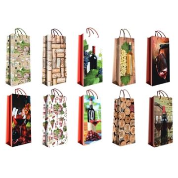 Пакет подарочный бумажный под бутылку (14х35х11) ламинир ассорти 1/20/480