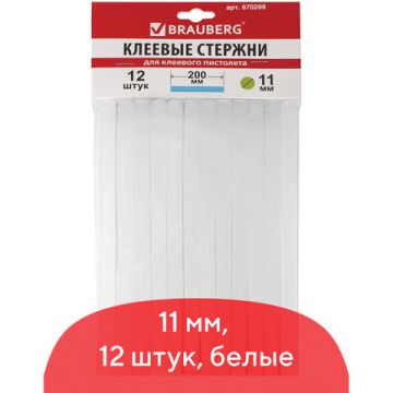 Клеевые стержни диаметр 11мм длина 200мм белые (12 шт)  BRAUBERG 1/50/100