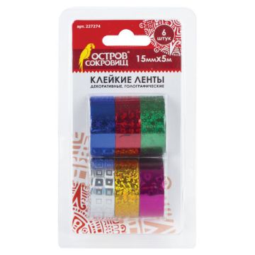 Клейкие ленты 15мм х 5м декоративные 6шт ассорти №1 блистер  ОСТРОВ СОКРОВИЩ 1/20/160