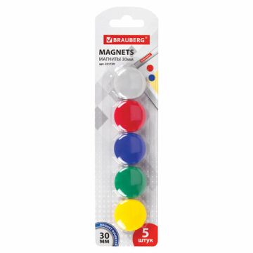 Магниты BRAUBERG диам. 30 мм, 5 шт, цвет АССОРТИ, в блистере 1/24/288