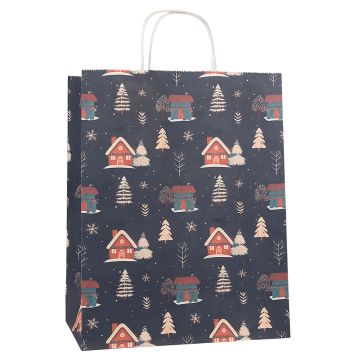 НГ Пакет подарочный крафтовый (22х25х12) с крученой ручкой Домики 1/250