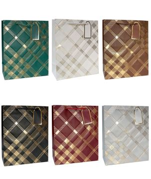 Пакет подарочный бумажный (26х32х12) с тиснением Золотая шотландка 1/12