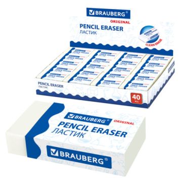 Ластик 38х20х10мм белый прямоугольный картон держатель Original BRAUBERG 1/40/1280