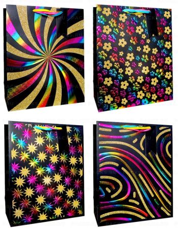 Пакет подарочный бумажный (26х32х12) тиснение и блестки Яркий калейдоскоп 1/12