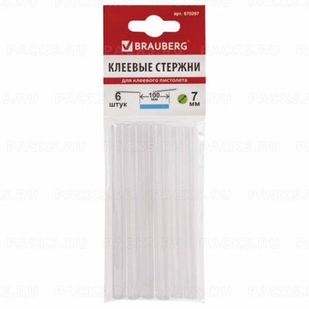 Клеевые стержни диаметр 7 мм длина 100 мм белые комплект 6 шт BRAUBERG 1/200