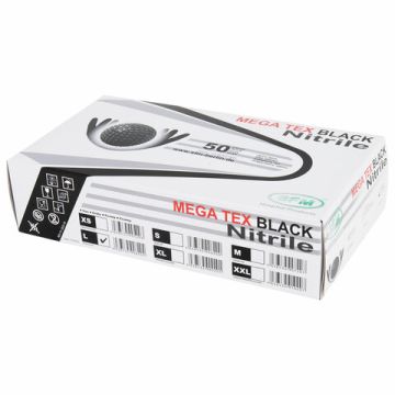 Перчатки смотровые нитриловые неопудренные сверхпроч с текстурой MEGA TEX черные L 25/250 (Клиент)