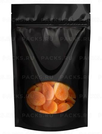 Пакет Zip-Lock Дой-Пак черный (22,0х30,0)+ (5,5+5,5) с овальным окном 80х180мм 50/200