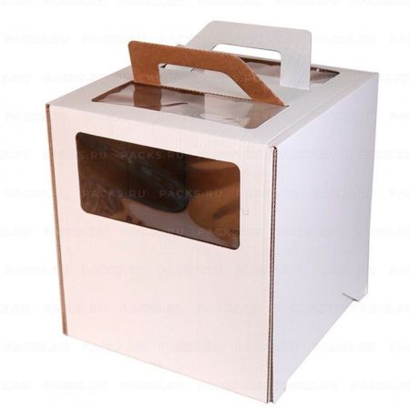 Коробка для торта с окном с ручками 280х280х300мм картонная белая 25/25