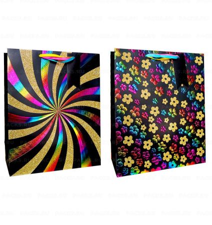 Пакет подарочный бумажный (30х40х12) тиснение и блестки Яркий калейдоскоп 1/12
