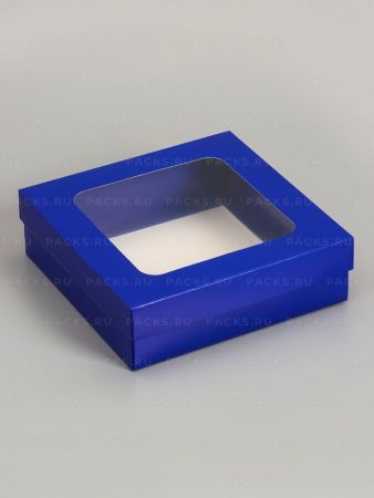 Коробка с окном 200х200х60мм картонная синяя 5/275