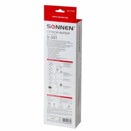 Сетевой фильтр 1,8м SONNEN U-351 5 розеток с заземлением 10 А белый 1/40 (Клиент)