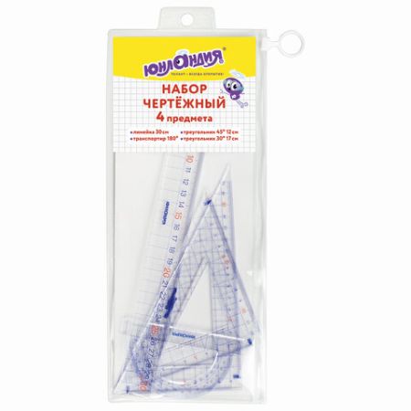 Набор чертежный большой линейка 30см, 2  угольника, транспортир, пенал ЮНЛАНДИЯ 1/24