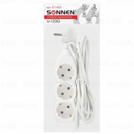 Удлинитель сетевой фильтр 3м SONNEN U-133G 3 розетки с заземлением 10 А белый 1/20 
