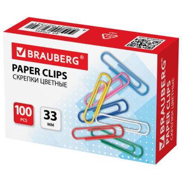 Скрепки BRAUBERG, 33 мм, цветные, 100 шт., в картонной коробке 1/10