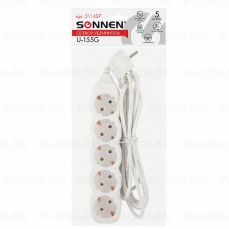 Сетевой фильтр 5м SONNEN U-135GS 3 розетки с заземлением 10 А белый 1/20 