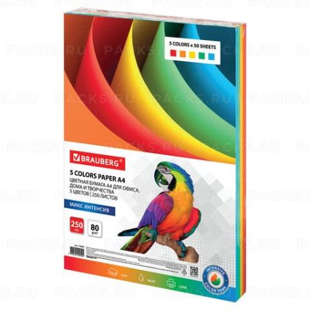 Бумага А4 250л 80г/м2 цветная интенсив для офисной техники BRAUBERG 1/5