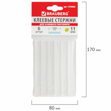 Клеевые стержни d-11 мм длина 100 мм прозр  компл 6 штук BRAUBERG европодвес 1/50/100