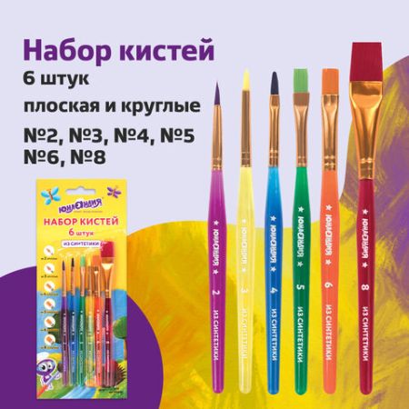 Кисти 6шт синтетическая круглая № 2,3 плоская № 4,5,6,8 блистер BRAUBERG 1/12/288 (Клиент)