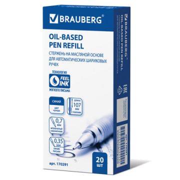 Стержень шариковый масляный BRAUBERG 107мм с ушками СИНИЙ игольч.узел 0,7мм линия 0,35мм 1/20/2000 (