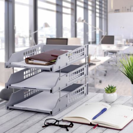 Лоток горизонтальный для бумаг 334х255х271мм (3шт) серый BRAUBERG GRAND OFFICE 1/4 (Клиент)