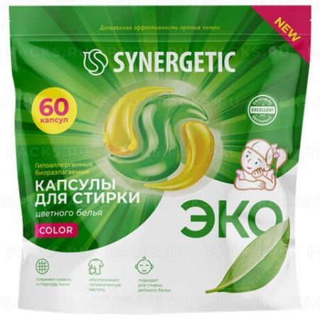 Капсулы для стирки концентрированные гипоаллергенные 60 шт SYNERGETIC COLOR 1/4
