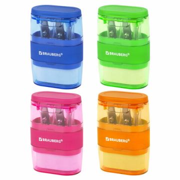 Точилка 2 отверстия 2в1 с ластиком ассорти BRAUBERG Double 1/12 (Клиент)