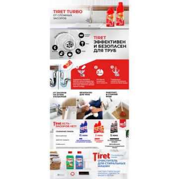 Средство жидкое 1л Tiret (Тирет) Турбо гель для прочистки канализационных труб 1/12 (клиент)