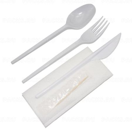 Набор одноразовой посуды №5 (вилка, столовая ложка, нож, зубочистка, салфетка) 1/300