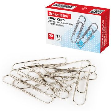 Скрепки 78мм 50шт никелированные гофрированные BRAUBERG 1/10