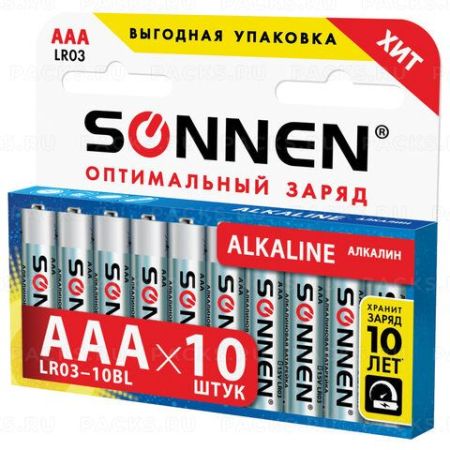 Элемент питания SONNEN, AAА (LR3), КОМПЛЕКТ 10шт., АЛКАЛИН 1.5В, 1/6/60 