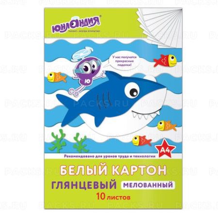 Белый картон 10л А4 мелованный в папке ЮНЛАНДИЯ 1/50