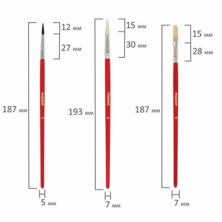 Кисти 3шт Белка круглая №3, Коза круглая №4, Щетина плоская №6 ПИФАГОР  1/12
