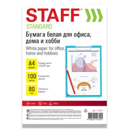 Бумага А4 100л 80г/м2 белая STAFF Standart 1/25