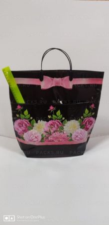 Пакет с пластмассовыми ручками (37х37+10) Цветы с карманами 10/50