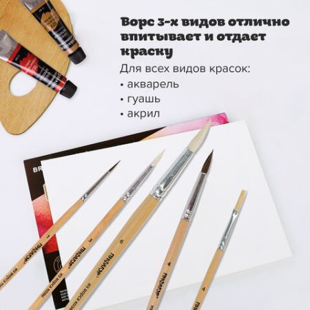 Кисти 5шт Пони круглые №1,4, Коза круглая №3,6, Щетина плоская №4 ПИФАГОР 1/12