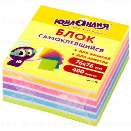 Блок самоклеящийся (стикеры) 76х76мм 400л 7цв Неоновый Юнландия 1/6/96 
