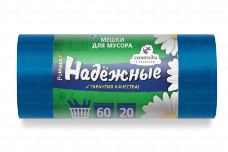 Мешок для мусора 60л рулон ПСД (60х74)-15 синие с ушками НАДЕЖНЫЕ 12г Ромашка (20шт) 1/20