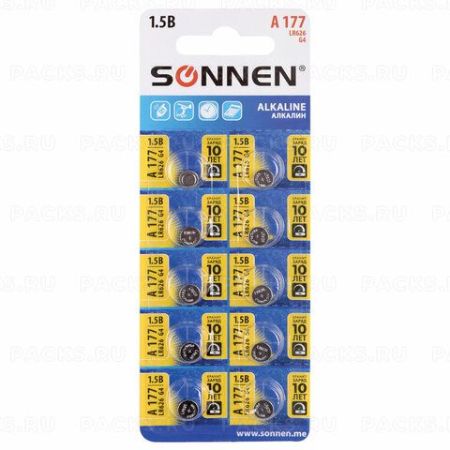 Элемент питания SONNEN 177A (G4. LR66) алкалиновая 1шт блистер (отрывной блок) 1/10